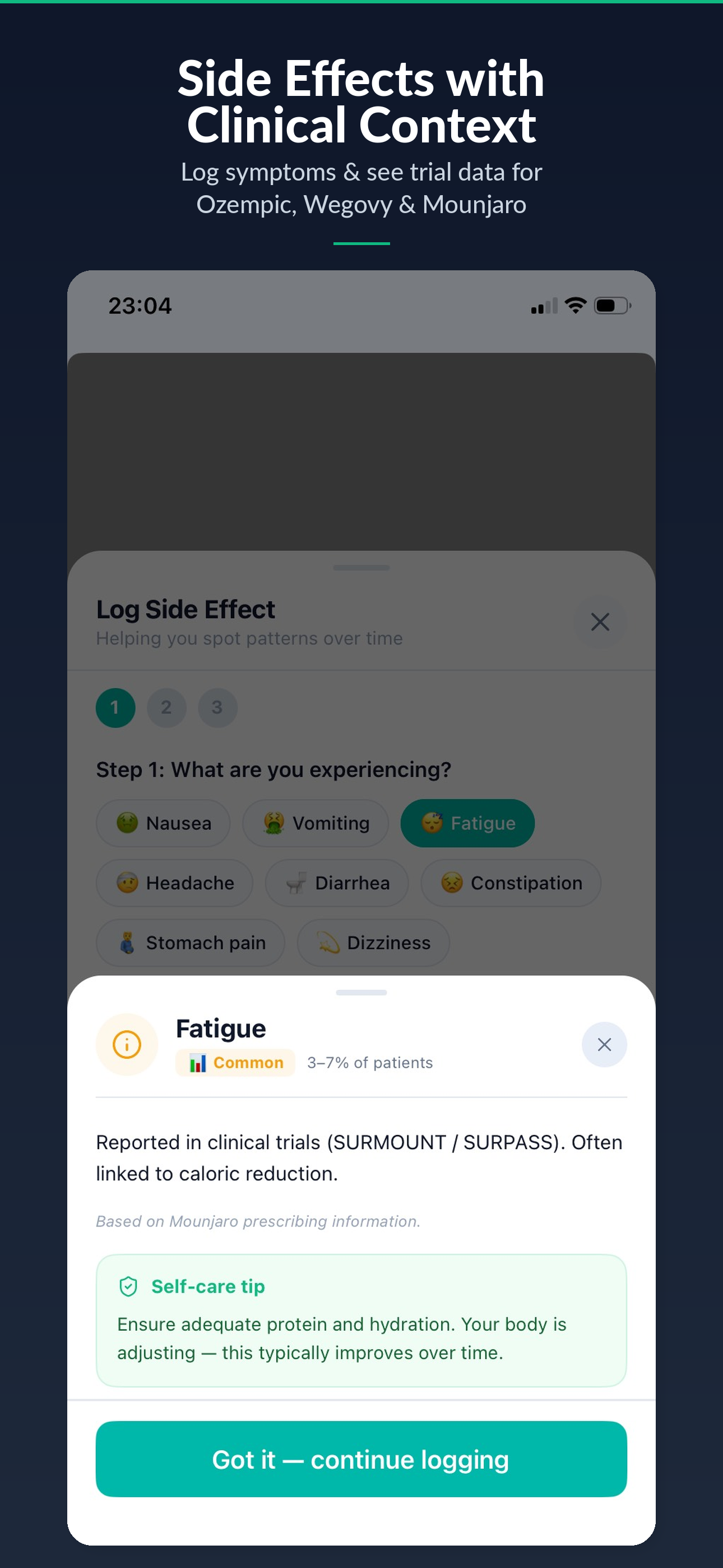 Titra side effects tracking screen showing symptom logging with clinical trial prevalence data