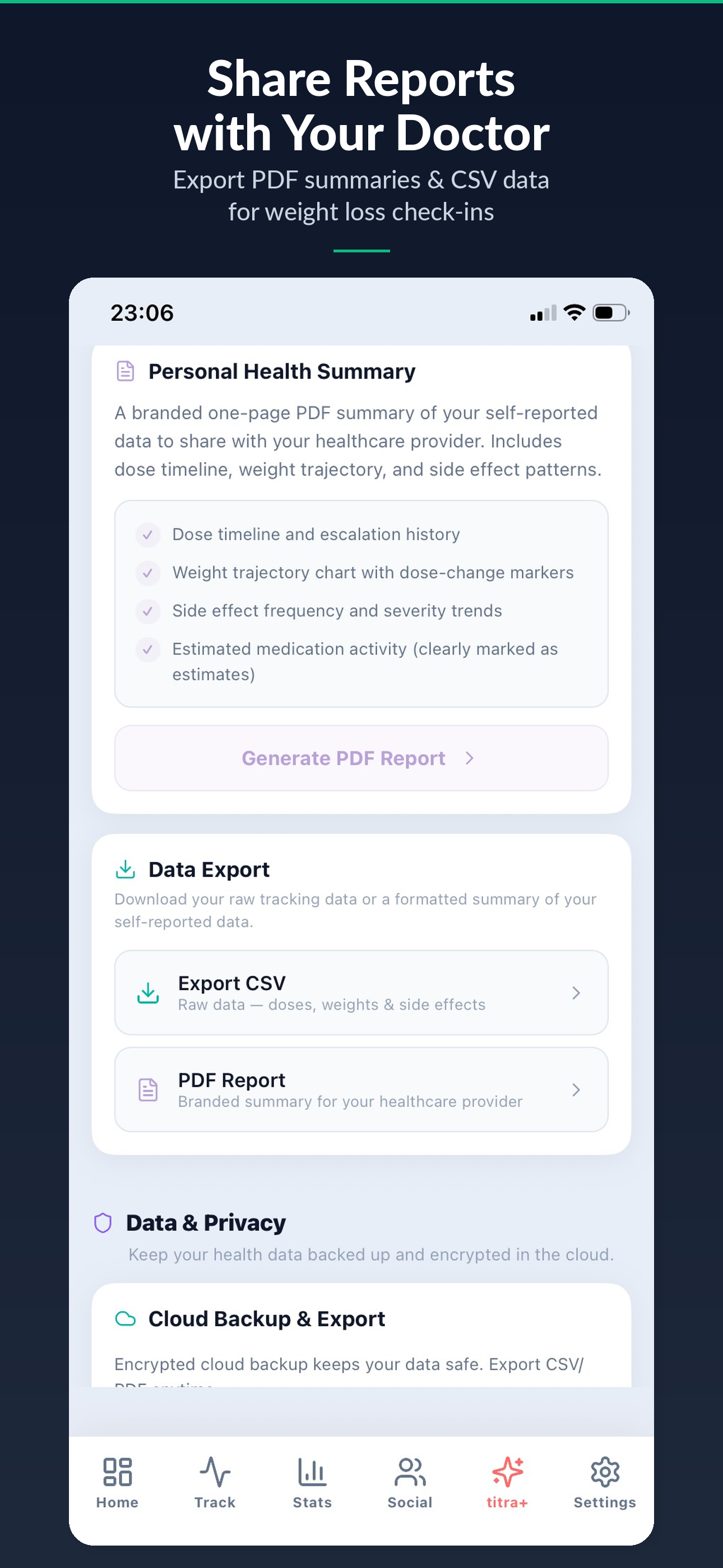 Titra doctor report generation screen showing PDF summary of medication history